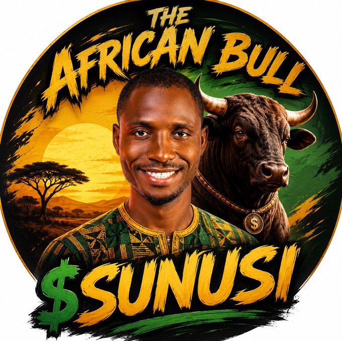 A smiling man in traditional African attire stands beside a large bull against a sunset savanna backdrop, with bold text reading "THE AFRICAN BULL" at the top and "$SUNUSI" at the bottom, visually reinforcing the post's promotion of the $SUNUSI token as a powerful African-themed project.