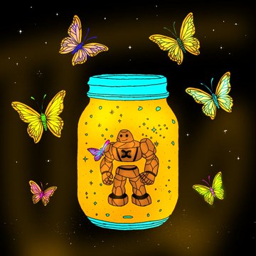 An illustration showing a small orange robot figure trapped inside a yellow jar surrounded by colorful butterflies against a dark starry background.