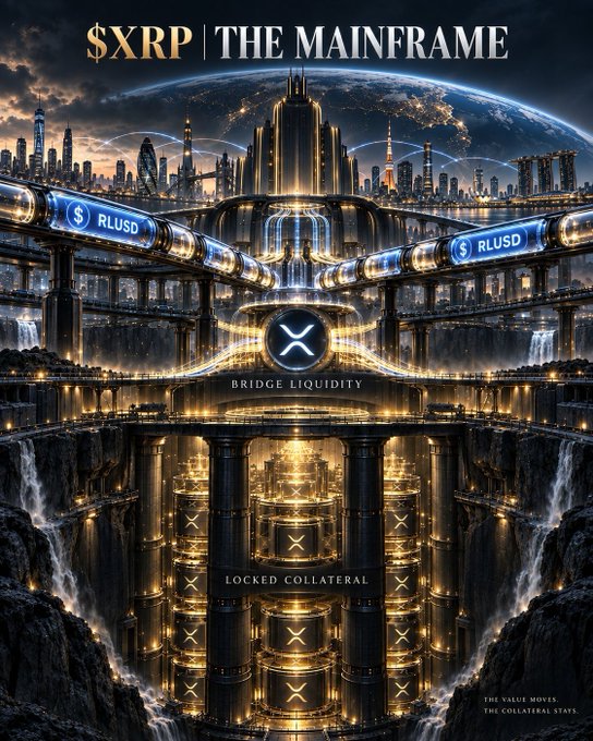 The image is a dramatic, futuristic digital artwork titled "$XRP | THE MAINFRAME," depicting a glowing golden sci-fi fortress/tower complex with the XRP logo, surrounded by waterfalls and a global cityscape backdrop. Key text includes "$XRP | THE MAINFRAME," "$RLUSD," "BRIDGE LIQUIDITY," and "LOCKED COLLATERAL," with a tagline reading "THE VALUE MOVES, THE COLLATERAL STAYS."

This visual reinforces the post's thesis by portraying XRP as a grand, central infrastructure—the "mainframe"—of a new financial system, with RLUSD highlighted as bridge liquidity feeding into layers of locked XRP collateral, illustrating the idea that XRP's role (and thus required value) is structural rather than speculative.