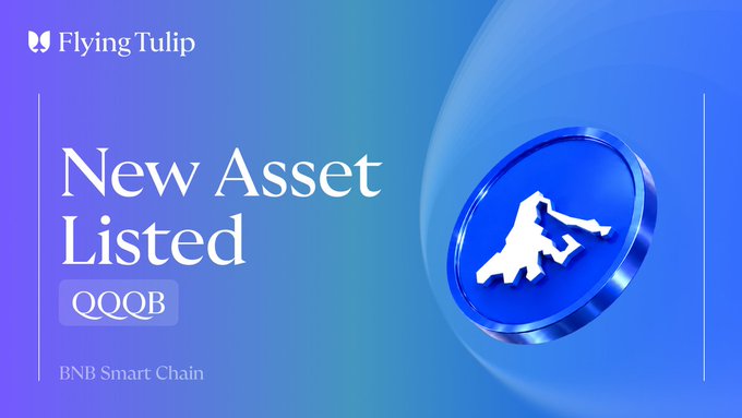 A promotional graphic for FlyingTulip announcing a 'New Asset Listed' with the ticker QQQB on BNB Smart Chain.