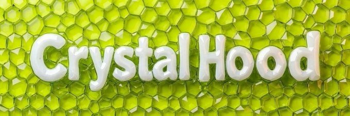 The 3D text 'Crystal Hood' appears in white letters against a bright green textured background.