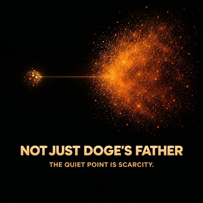 Dark graphic with an orange explosion effect next to a cluster, captioned 'NOT JUST DOGE'S FATHER - THE QUIET POINT IS SCARCITY.'