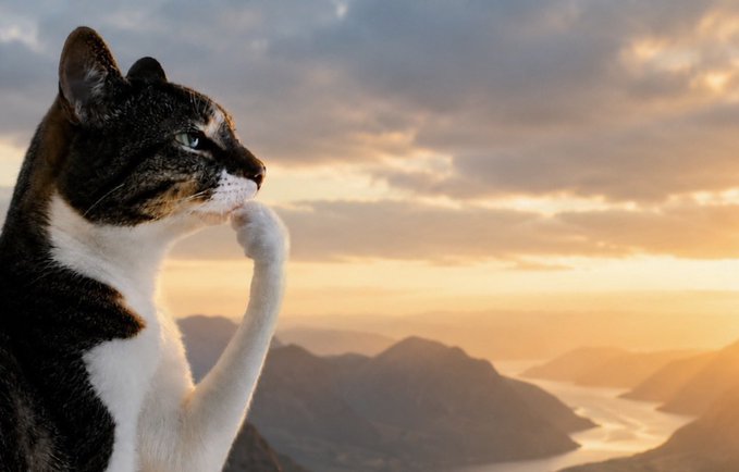 A contemplative cat with one paw raised to its chin gazes thoughtfully into a sunset over a mountainous fjord, embodying the skeptical pondering of a curious investor. The image visually mirrors the post's hesitant yet confident stance toward an uncertain but potentially lucrative "bag" purchase.