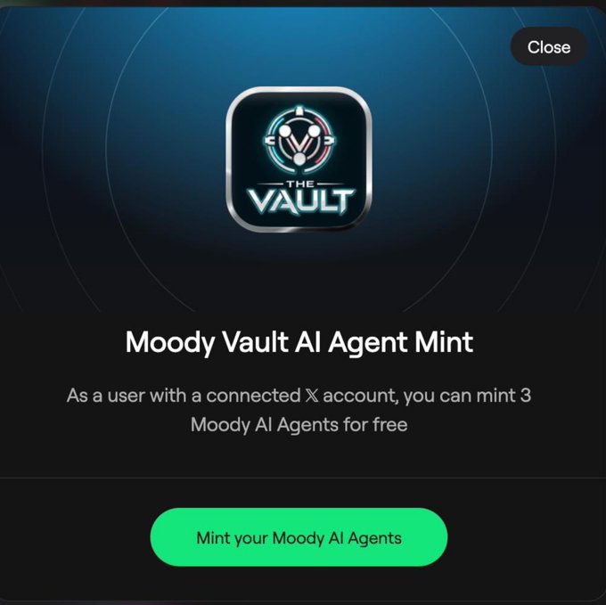 A mobile app screen titled 'Moody Vault AI Agent Mint' allows users with a connected X account to mint 3 Moody AI Agents for free.