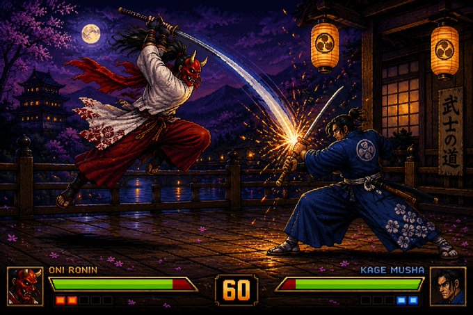 A fighting game scene showing a duel between 'ONI RONIN' (a red-masked samurai with a katana) and 'KAGE MUSHA' (a warrior in blue robes), set against a moonlit Japanese background with cherry blossoms, a castle, and paper lanterns displaying '武蔵の道', with health bars and a timer of 60 at the bottom.