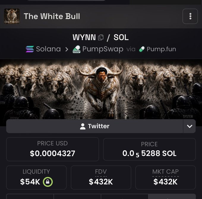 A trading interface displays "The White Bull" ($WYNN/SOL) on Solana via PumpSwap/Pump.fun, featuring a dramatic illustration of a charging bull flanked by riot police, with a price of $0.0004327, $54K liquidity, and a $432K market cap. The bullish imagery and $WYNN ticker visually reinforce the post's confident message about the token being a singular, dominant force in the market.