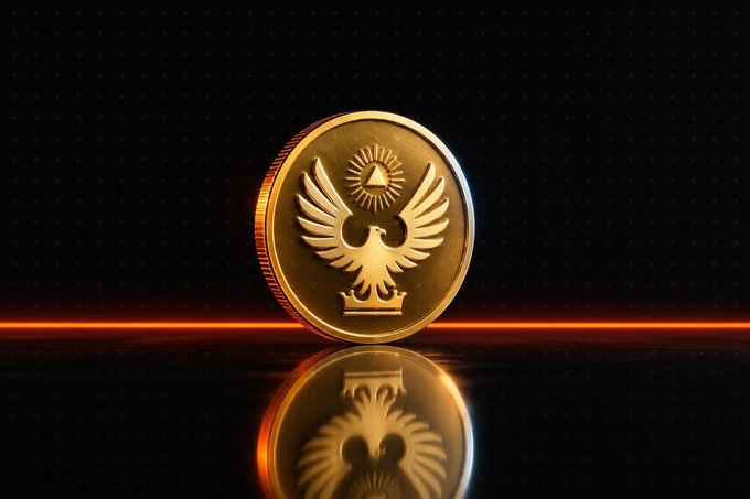 A gold coin featuring a phoenix emblem with an all-seeing eye and crown stands upright on a reflective surface against a dark, dotted background with a glowing orange light trail, symbolizing the SL8 Ukraine Independence Day Event finale ending on September 21 at 10:00 UTC.