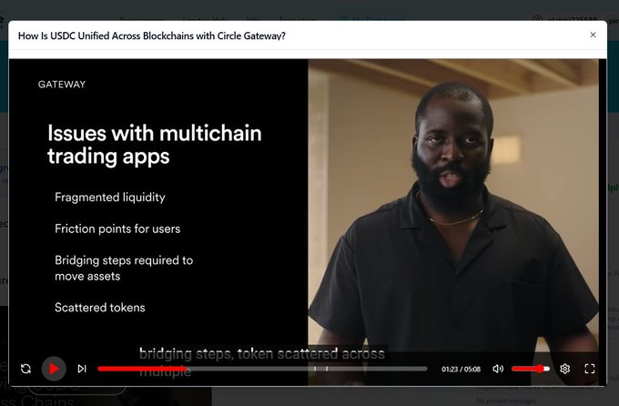 A video titled 'How Is USDC Unified Across Blockchains with Circle Gateway?' showing a man discussing issues with multichain trading apps, including fragmented liquidity, friction points for users, bridging steps required to move assets, and scattered tokens.