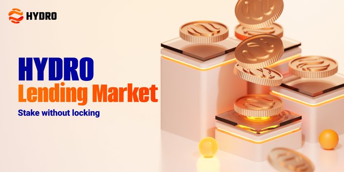 A promotional graphic for the Hydro Lending Market featuring the tagline "Stake without locking," displaying 3D-rendered gold coins and white cube platforms with glowing orange accents. The image's automatic compounding message aligns with the post's explanation of how supplied assets like $100 USDT earn 17% APY that accrues daily on growing balances.