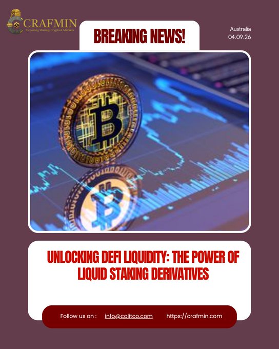 A breaking news graphic from Crafmin dated 04.09.26 featuring Bitcoin coins on a trading chart with the headline 'UNLOCKING DEFI LIQUIDITY: THE POWER OF LIQUID STAKING DERIVATIVES' and contact info info@colitco.com.