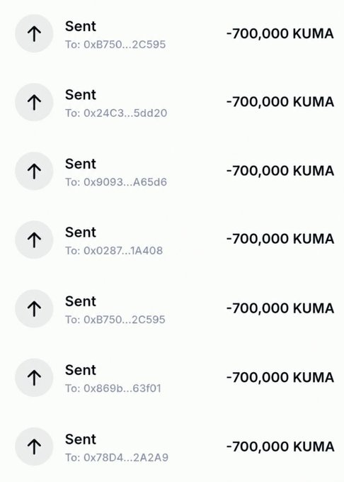 A screenshot of a crypto wallet transaction history showing seven completed outgoing transfers of -700,000 KUMA each to various BNB addresses (such as 0xB750...2C595 and 0x24C3...5dd20), illustrating the distribution of 700,000 KUMA tokens to eligible addresses as part of the #KUMA airdrop campaign.