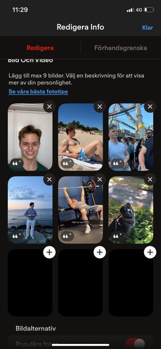 A Swedish-language dating app interface showing 'Redigera Info' (Edit Info) screen with a photo gallery for 'Bilder och video' (Pictures and video), displaying a grid of user photos including a smiling young man, beach scenes, a gym, and a black dog, with options to add up to 9 images.