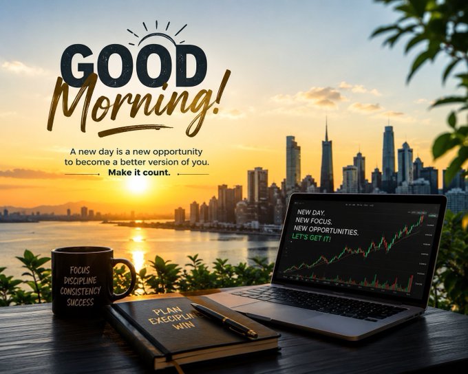 A 'GOOD Morning!' graphic featuring a sunrise over a city skyline, a coffee mug labeled 'FOCUS DISCIPLINE CONSISTENCY SUCCESS', and a laptop displaying financial charts.