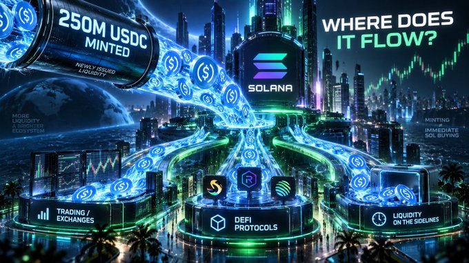 A digital infographic titled 'WHERE DOES IT FLOW?' shows 250M USDC being minted on the Solana blockchain, flowing into trading exchanges, DeFi protocols, and liquidity pools.