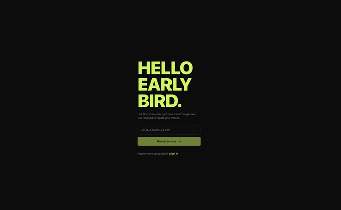 A dark webpage titled 'HELLO EARLY BIRD.' invites users to enter a passkey to create their profile, with a field labeled 'HELD-XXXXX-XXXXX' and an 'Unlock access' button.