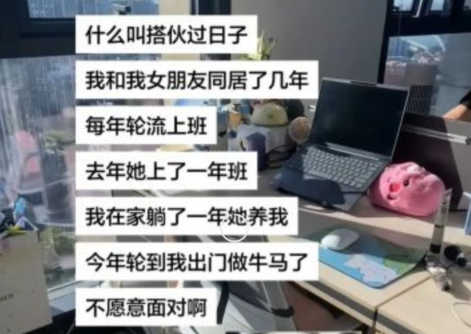 A Chinese meme image showing a desk with a laptop and plush toys, overlaid with text that reads: "什么叫搭伙过日子 我和我女朋友同居了几年 每年轮流上班 去年她上一年班 我在家躺了一年她养我 今年轮到我出门做牛马了 不愿意面对啊" (roughly translating to a humorous take on taking turns being the breadwinner in a relationship).
