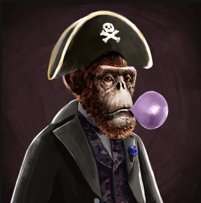 A digital painting of a pirate-ape character (BAYC style) wearing a captain's hat with skull and crossbones, dressed in a suit with a purple boutonniere, blowing a purple bubble gum bubble.