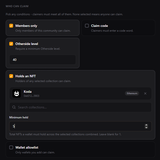 A 'WHO CAN CLAIM' interface with options including 'Members only', 'Otherside level' set to 40, and 'Holds an NFT' for the 'Koda' collection on Ethereum with a minimum held of 5.