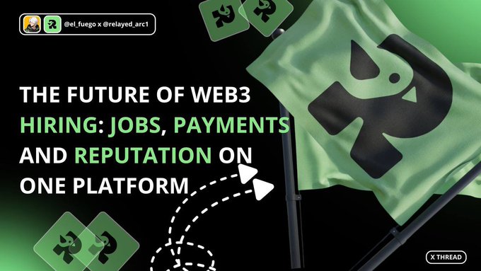 A promotional graphic titled 'THE FUTURE OF WEB3' about hiring, jobs, payments, and reputation on one platform, featuring a green flag with a black logo and handles @el_fuego x @relayed_arc1.