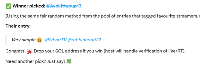 A winner announcement for @Avokittypup13 in a giveaway, noting the entry tagged @KyharrTV and @robbinhood22, and asking the winner to drop their SOL address for verification.