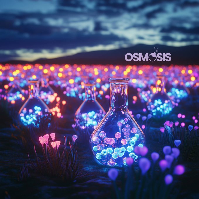 A surreal neon landscape shows glowing bottles amid fields of blue, pink, and orange flowers beneath a dark sky, with the word “OSMOSIS” displayed above. Its bioluminescent, otherworldly energy echoes the post’s defiant message, “DeFiant by nature.”