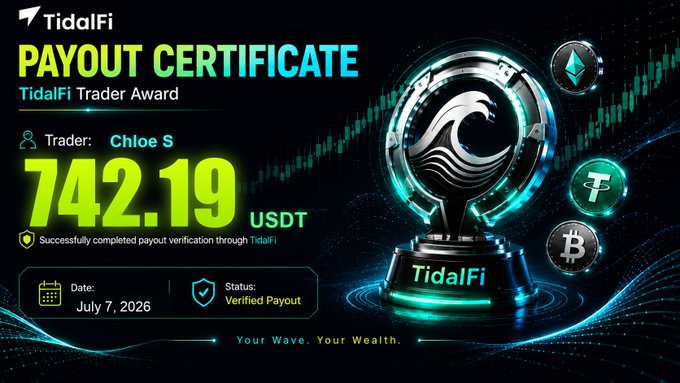 TidalFi payout certificate awarding Trader Chloe S a verified payout of 742.19 USDT dated July 7, 2026, with the same trophy and crypto coin design.