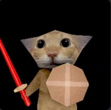 A low-polygon cat character with large soulful eyes holds a red lightsaber and a simple shield, set against a black background. The image humorously illustrates the "Every day we need more NFTs" post by depicting an adorable, meme-worthy digital avatar that embodies the quirky, collectible nature of NFT art.