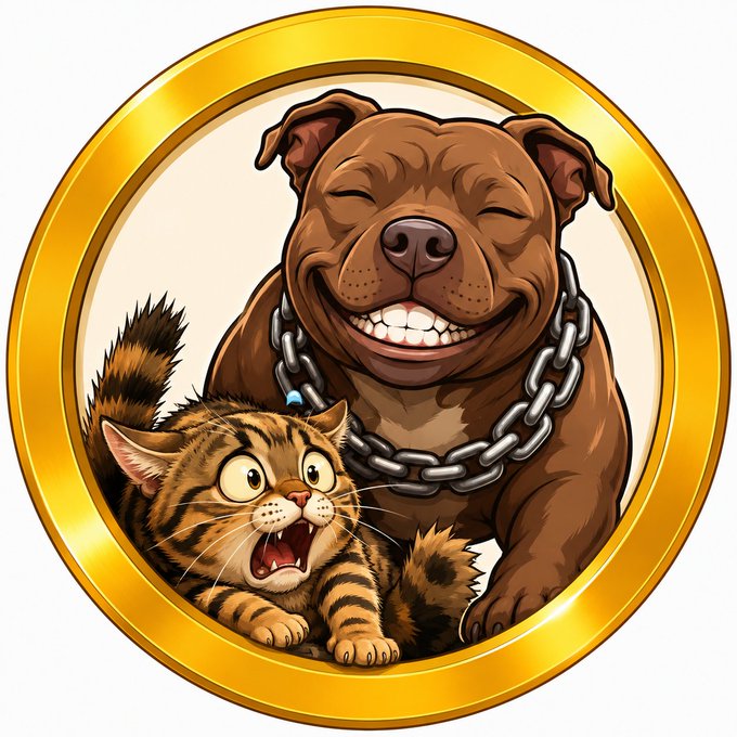 A cartoon illustration in a gold circular frame shows a smiling brown dog with a chain collar alongside a surprised tabby cat.