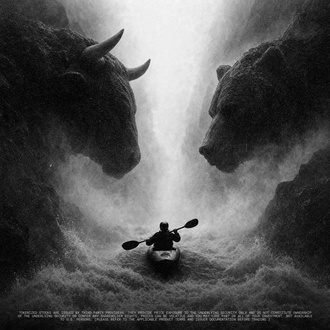 A lone kayaker paddles through churning waters between two massive rock formations shaped like a bull and a bear, symbolizing the volatile market forces at play.

**Text in image:** "TOKENIZED STOCKS ARE ISSUED BY THIRD-PARTY PROVIDERS. THEY PROVIDE PRICE EXPOSURE TO THE UNDERLYING SECURITY ONLY AND DO NOT CONSTITUTE OWNERSHIP OF THE UNDERLYING SECURITY OR OFFER ANY SHAREHOLDER RIGHTS. STOCKS CAN BE VOLATILE AND YOU MAY LOSE SOME OR ALL OF YOUR INVESTMENT. NOT AVAILABLE TO U.S. PERSONS. PLEASE REFER TO THE APPLICABLE PRODUCT TERMS AND ISSUER DOCUMENTATION BEFORE TRADING."

**Connection to the post:** The image visually reinforces the "buy low, sell high" message — the kayaker represents the Spot Grid Bot automatically navigating between the bull (highs) and bear (lows), paddling through turbulent market conditions on quad witching day while the trader sets the range.