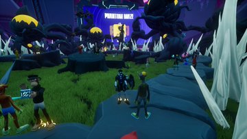 A video game screenshot showing characters gathered in front of a structure labeled "PRACTITIONER VAULT 5" in a fantasy landscape with trees and crystals.