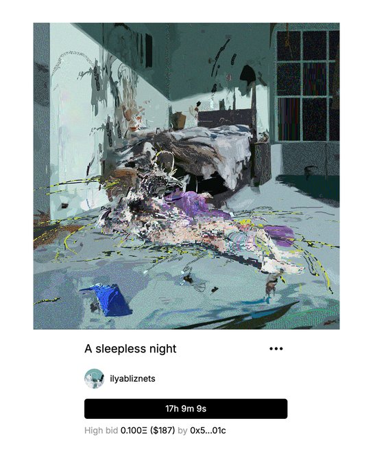 An NFT listing titled 'A sleepless night' by ilyabliznetss with a high bid of 0.10Ξ ($187) and 17h 9m 9s remaining.