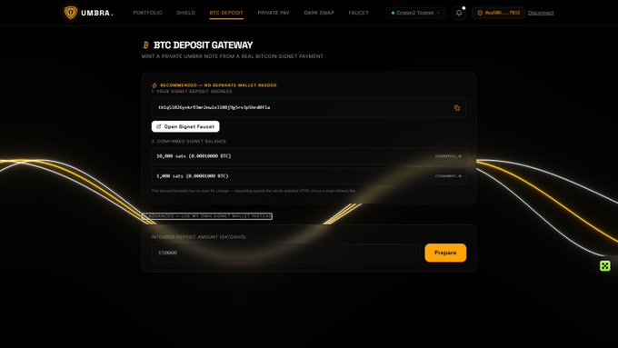 A screenshot of the UMBRA BTC Deposit Gateway interface showing fields for Signet address, Signet faucet balance (10,000 sats), and BTC amount (1,800 sats), with a 'Prepare' button.