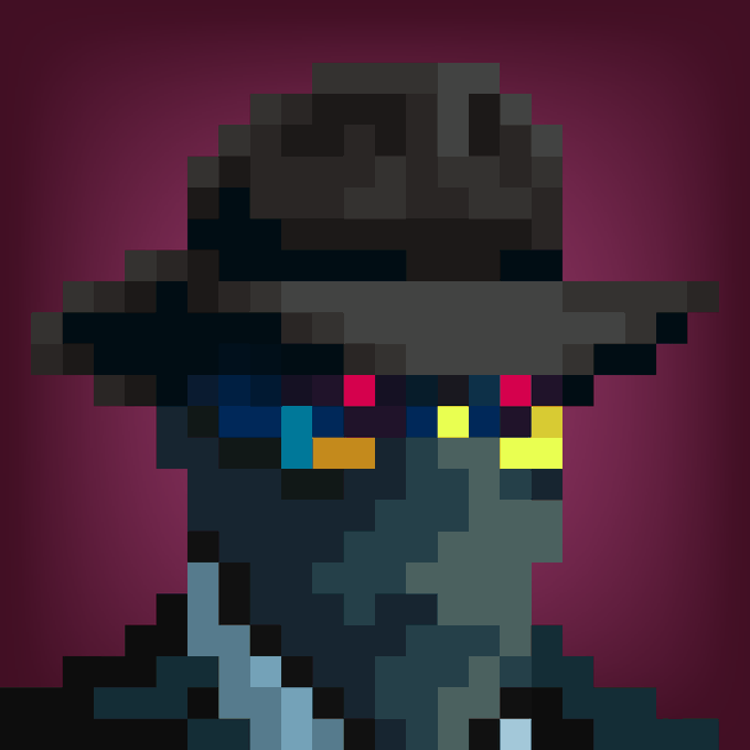 A pixel art portrait of a character wearing a wide-brimmed hat and sunglasses with colorful lenses against a dark purple background.