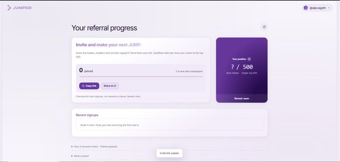 A screenshot of a 'JUMPER' referral progress dashboard showing 'Invite and make your next JUMP', 0 joined, and a position score of ?/500 for user @alecsgptb.