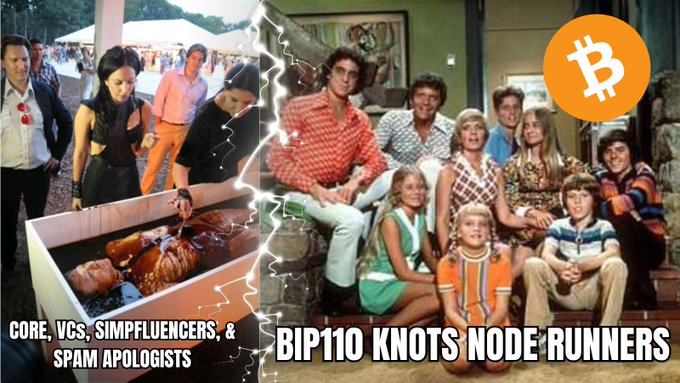A meme dividing two images with a lightning bolt: on the left, characters from an old TV show roasting someone in a coffin labeled 'CORE, VCS, SIMPFLUENCERS, & SPAM APOLOGISTS'; on the right, a 1970s family photo labeled 'BIP110 KNOTS NODE RUNNERS', featuring a Bitcoin logo in the corner.