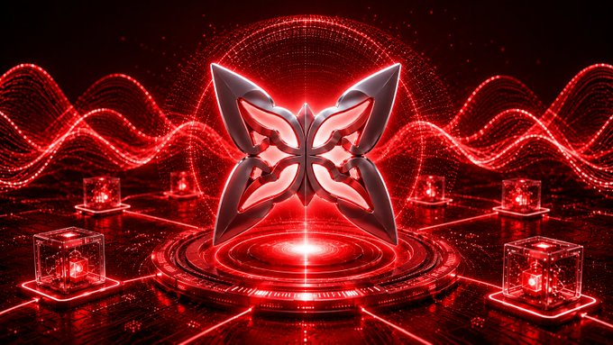 Red 3D sci-fi butterfly emblem on a podium with glowing waves and network cables connected to server-like structures.