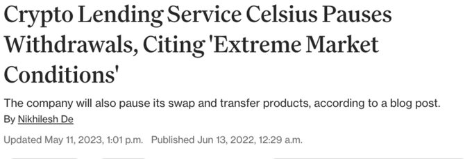 The image shows a gray background with white text that reads "Crypto lending service ceosius pauses Withdrawals, citing extreme market conditions" along with some numbers and dates. The text also includes an updated post from May 11, 2023 at 12:39 pm.