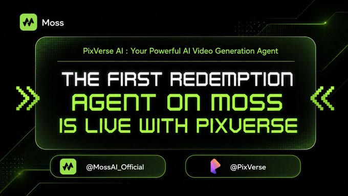 A promotional graphic from Moss announces that PixVerse AI is now live as the first Redemption Agent on the Moss Marketplace, featuring the Moss and PixVerse logos with handles @MossAI_Official and @PixVerse alongside the tagline "Your Powerful AI Video Generation Agent."