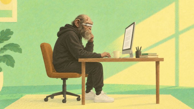A digital illustration of an elderly bearded man wearing a black hoodie, sitting at a wooden desk working on an iMac in a sunlit room with green walls.