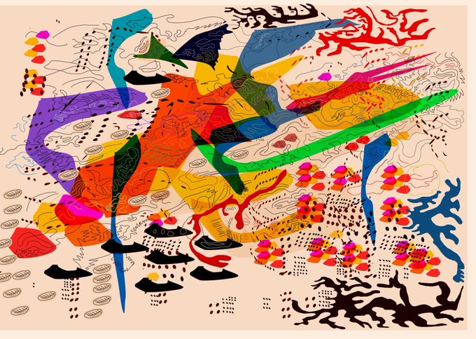 A vibrant, abstract composition bursts with explosive splashes of red, yellow, orange, green, purple, and blue, intertwined with black branching forms and clusters of dotted patterns that resemble falling debris or cellular structures, evoking the chaotic, fragmented energy of a surreal "art scene." No text, numbers, or names are visible in the image itself, leaving viewers to interpret the dynamic visual chaos purely through the lens of the accompanying caption urging support for this NFT to "save this art scene lord."