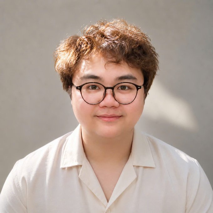 A woman with short hair wearing glasses, dressed in a white polo shirt, stands against a gray background in a portrait-style photograph. The photograph captures her face and features a few text elements, such as "after 5 years of hiding behind logos... I finally decided to use a real photo of myself as my PFP." This suggests that she is posing for the picture with an intention or story behind it, rather than just capturing a casual snapshot of herself.