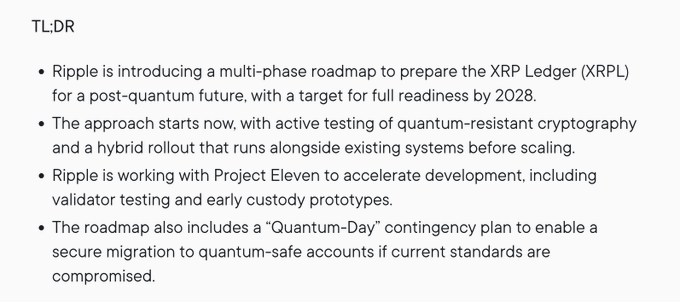 A bulleted "TL;DR" summary outlines Ripple's multi-phase roadmap to make the XRP Ledger (XRPL) quantum-ready by 2028, highlighting active testing of quantum-resistant cryptography, a hybrid rollout, collaboration with Project Eleven for validator testing and custody prototypes, and a "Quantum-Day" contingency plan for secure migration to quantum-safe accounts.