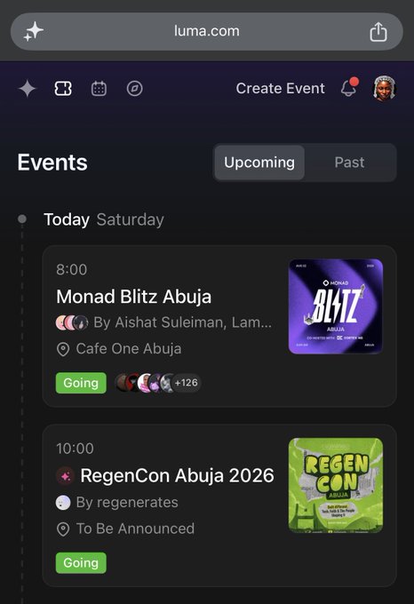 A mobile browser screenshot of luma.com shows an 'Events' page listing upcoming activities in Abuja, including '8:00 Monad Blitz Abuja' and '10:00 RegenCon Abuja 2026', both marked as 'Going'.