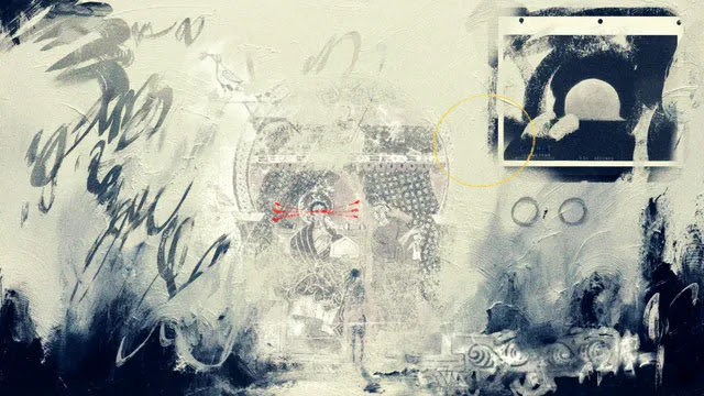 An abstract mixed-media artwork with grunge textures, a small inset photograph, and faint architectural and figurative elements.