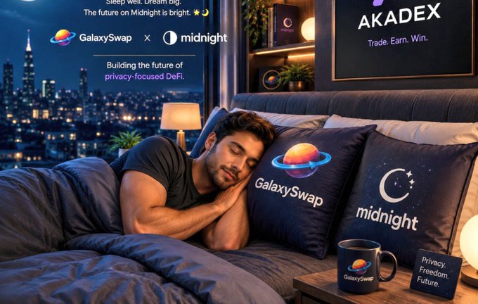 A man sleeps peacefully in bed with GalaxySwap and Midnight branded pillows in a nighttime cityscape scene, with promotional text highlighting "Building the future of privacy-focused DeFi" alongside AKADEX's "Trade. Earn. Win." slogan, visually reinforcing the post's message about GalaxySwap Labs building an open liquidity layer on Midnight for dApps to connect with.