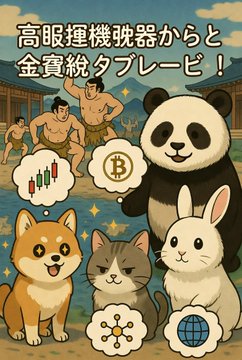 An illustrated Japanese advertisement featuring a panda, dog, cat, and rabbit alongside sumo wrestlers, with Japanese text and icons representing stocks, cryptocurrency, and global finance.