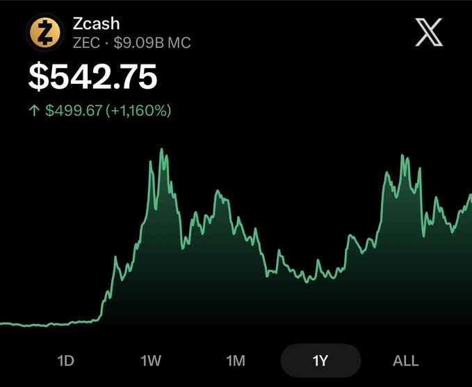 A screenshot of Zcash (ZEC) trading at $542.75, up $499.67 (+1,160%) over the past year, with a price chart showing a massive rally on the 1Y timeframe. The dramatic upward trend supports the post's claim that Zcash is "the main character in crypto" by visually highlighting its extraordinary 1,160% price surge.