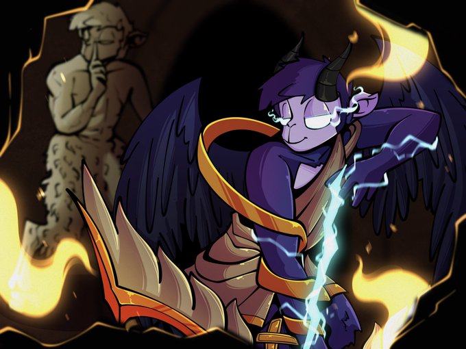 An anime-style illustration of a purple-skinned demon character with black wings and horns, wielding lightning and a large blade against a fiery background, with a gray statue visible in the upper left.