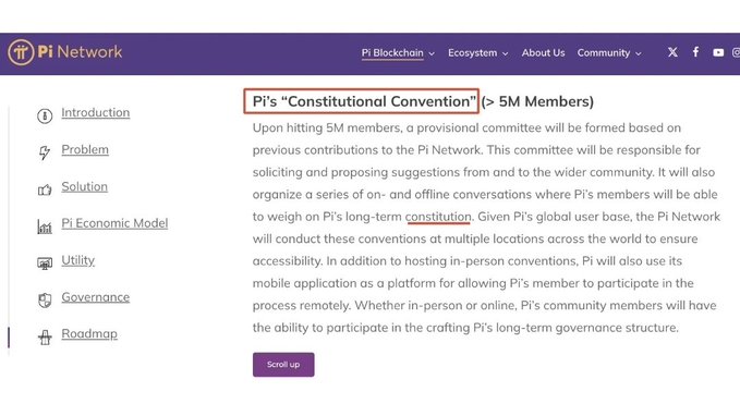 A screenshot from the Pi Network website's Pi Blockchain page displays a section titled "Pi's 'Constitutional Convention' (> 5M Members)," outlining a plan for community-driven governance where a provisional committee forms upon reaching 5 million members to organize conventions—both in-person and via the mobile app—allowing members worldwide to participate in crafting Pi's long-term constitution. The image directly illustrates the post's theme by showcasing Pi's implementation of decentralized governance through constitutional safeguards and community voting mechanisms.