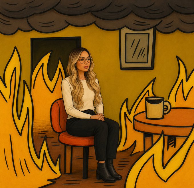 An illustration of a woman wearing glasses sitting on an orange chair in a room surrounded by stylized flames, with a coffee mug on a nearby table.